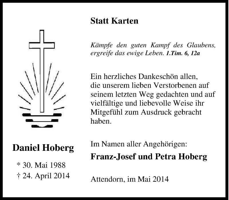  Traueranzeige für Daniel Hoberg vom 31.05.2014 aus Tageszeitung