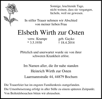 Traueranzeige von Elsbeth  Wirth zur Osten von Tageszeitung