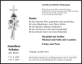 Traueranzeige von Anneliese Schnier von Tageszeitung