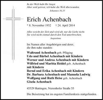 Traueranzeige von Erich Achenbach von Tageszeitung
