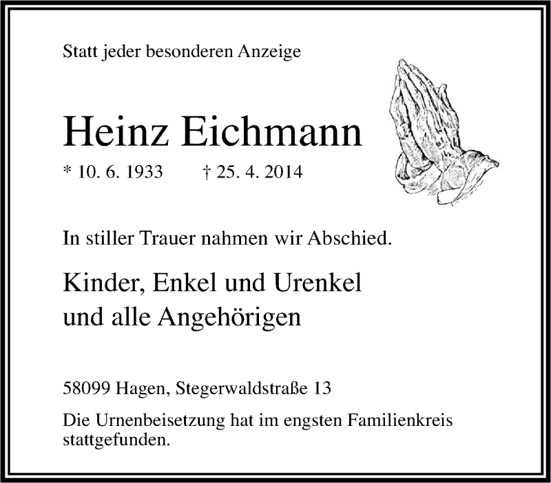  Traueranzeige für Heinz Eichmann vom 10.05.2014 aus Tageszeitung