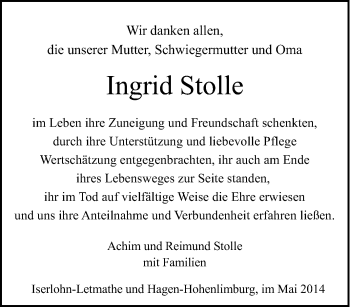 Traueranzeige von Ingrid Stolle von Tageszeitung