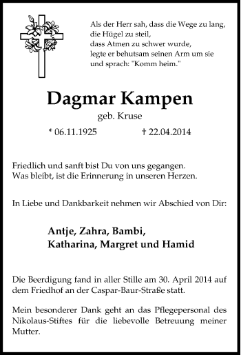 Traueranzeige von Dagmar Kampen von Tageszeitung