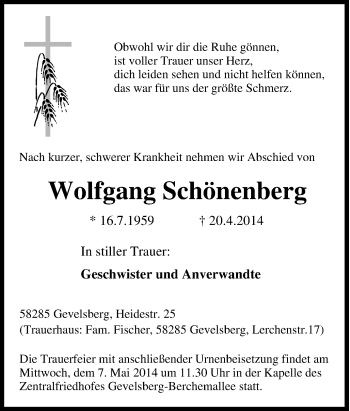 Traueranzeige von Wolfgang Schönenberg von Tageszeitung