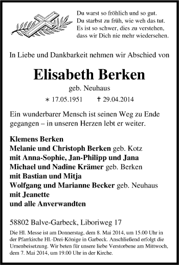 Traueranzeige von Elisabeth Berken von Tageszeitung