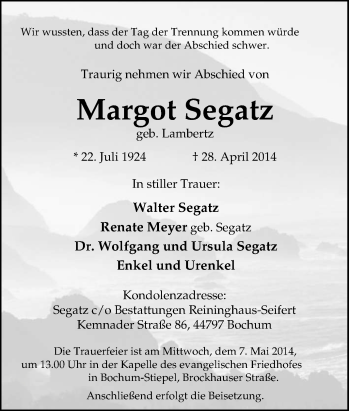 Traueranzeige von Margot Segatz von Tageszeitung