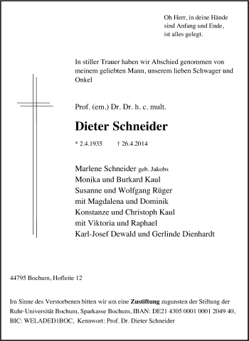 Traueranzeige von Dieter Schneider von Tageszeitung