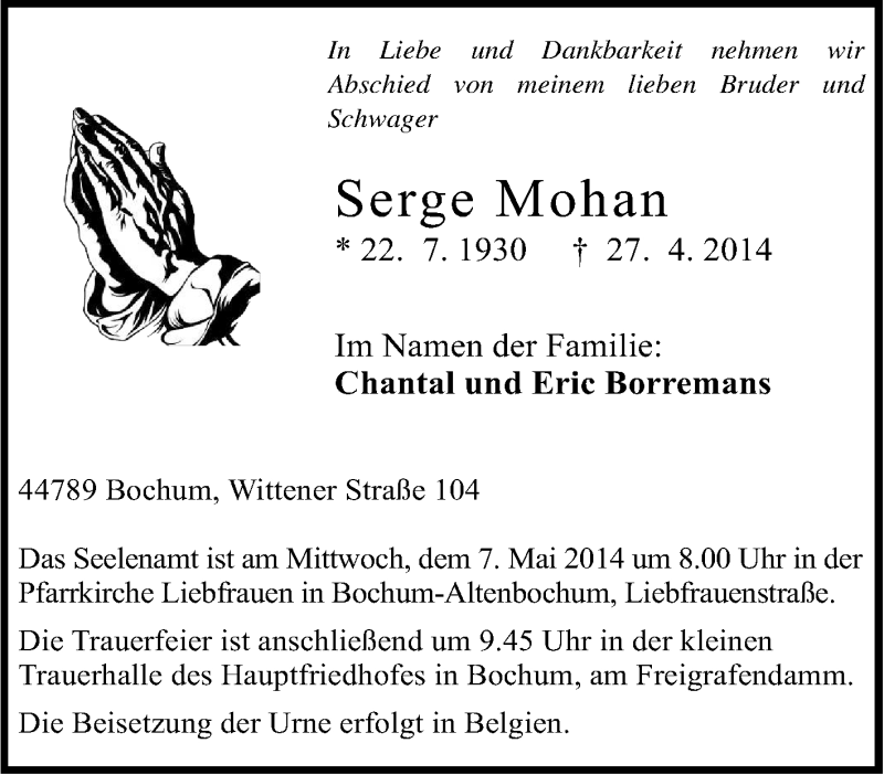  Traueranzeige für Serge Mohan vom 03.05.2014 aus Tageszeitung