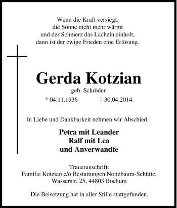 Traueranzeige von Gerda Kotzian von Tageszeitung