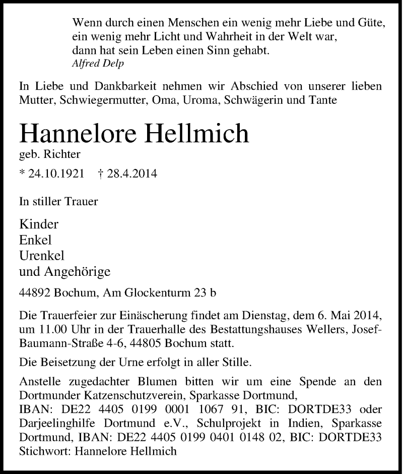  Traueranzeige für Hannelore Hellmich vom 03.05.2014 aus Tageszeitung