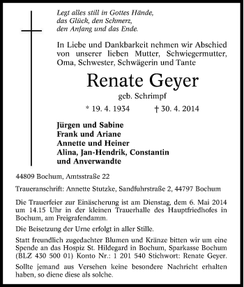 Traueranzeige von Renate Geyer von Tageszeitung
