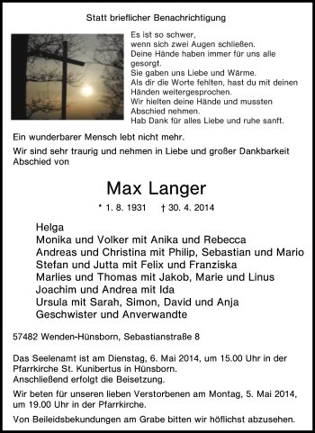 Traueranzeige von Max Langer von Tageszeitung