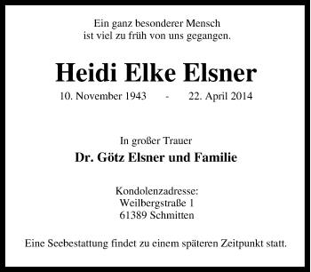 Traueranzeige von Heidi Elke Elsner von Tageszeitung
