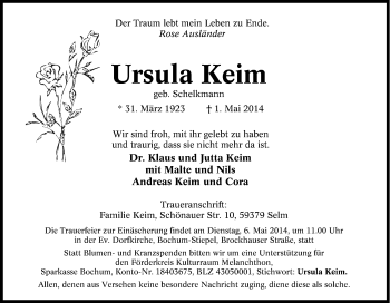 Traueranzeige von Ursula Keim von Tageszeitung