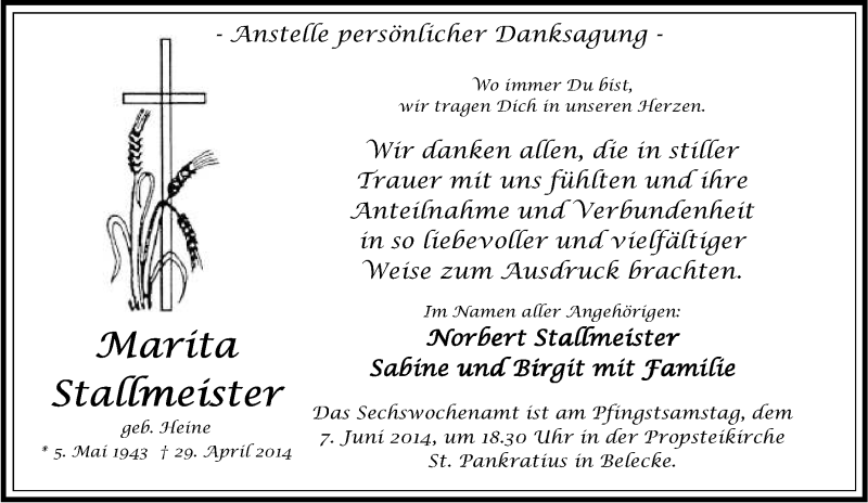  Traueranzeige für Marita Stallmeister vom 31.05.2014 aus Tageszeitung