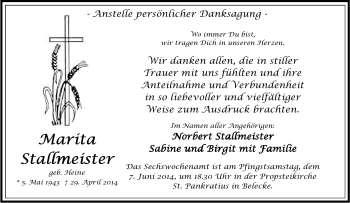 Traueranzeige von Marita Stallmeister von Tageszeitung