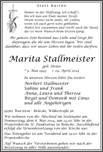 Traueranzeige von Marita Stallmeister von Tageszeitung