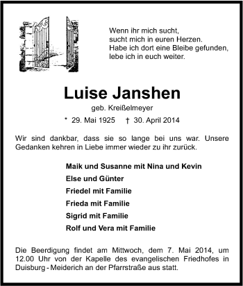 Traueranzeige von Luise Janshen von Tageszeitung