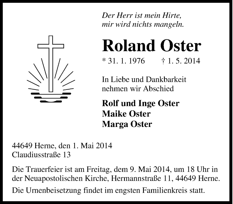  Traueranzeige für Roland Oster vom 07.05.2014 aus Tageszeitung