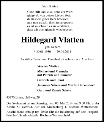 Traueranzeige von Hildegard Vlatten von Tageszeitung