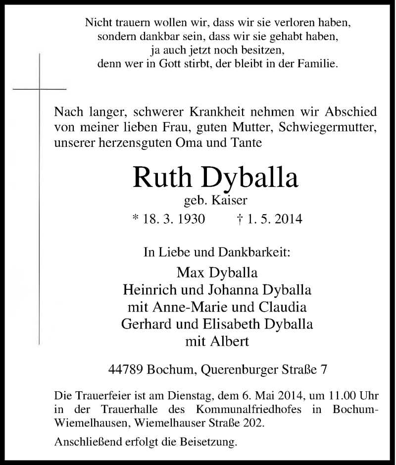  Traueranzeige für Ruth Dyballa vom 03.05.2014 aus Tageszeitung