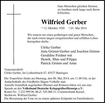 Traueranzeigen von Wilfried Gerber | Trauer-in-NRW.de