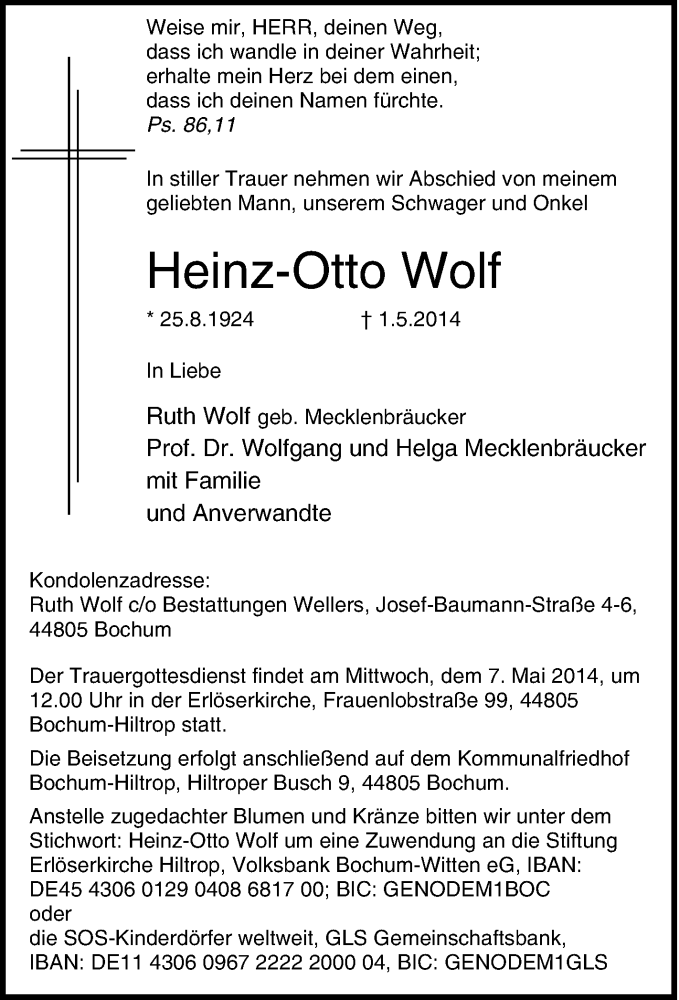  Traueranzeige für Heinz-Otto Wolf vom 03.05.2014 aus Tageszeitung