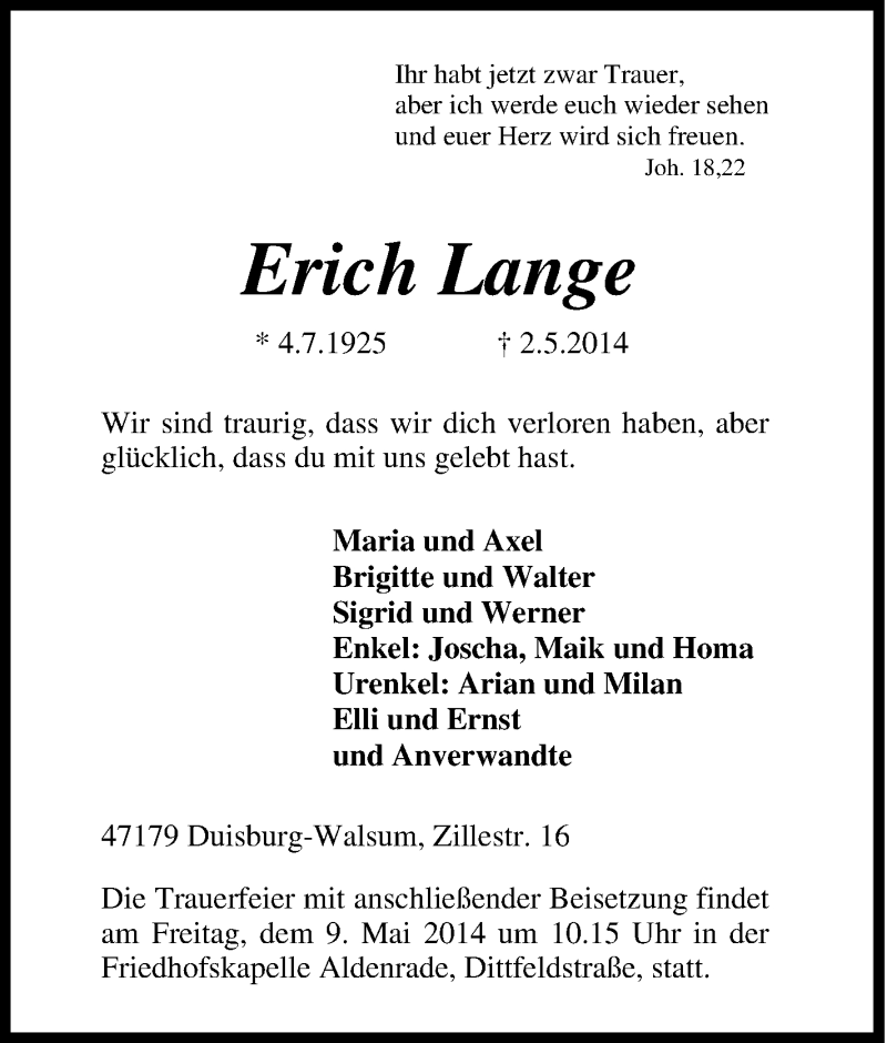  Traueranzeige für Erich Lange vom 06.05.2014 aus Tageszeitung
