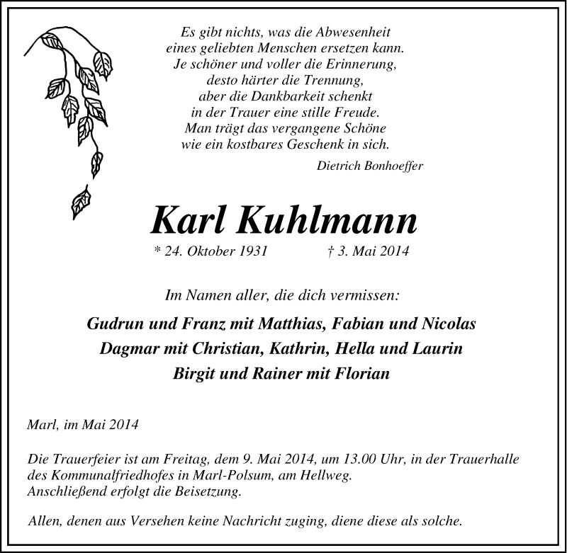  Traueranzeige für Karl Kuhlmann vom 06.05.2014 aus Tageszeitung