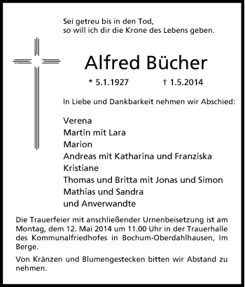 Traueranzeige von Alfred Bücher von Tageszeitung