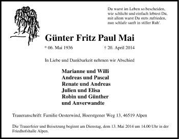 Traueranzeige von Günter Fritz Paul Mai von Tageszeitung