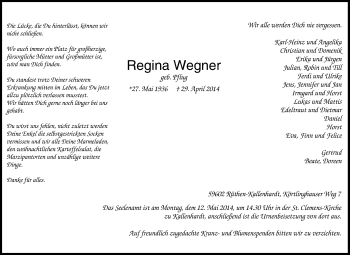 Traueranzeige von Regina Wegner von Tageszeitung