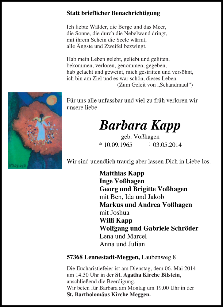  Traueranzeige für Barbara Kapp vom 05.05.2014 aus Tageszeitung