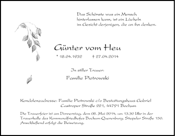 Traueranzeige von Günter vom Heu von Tageszeitung