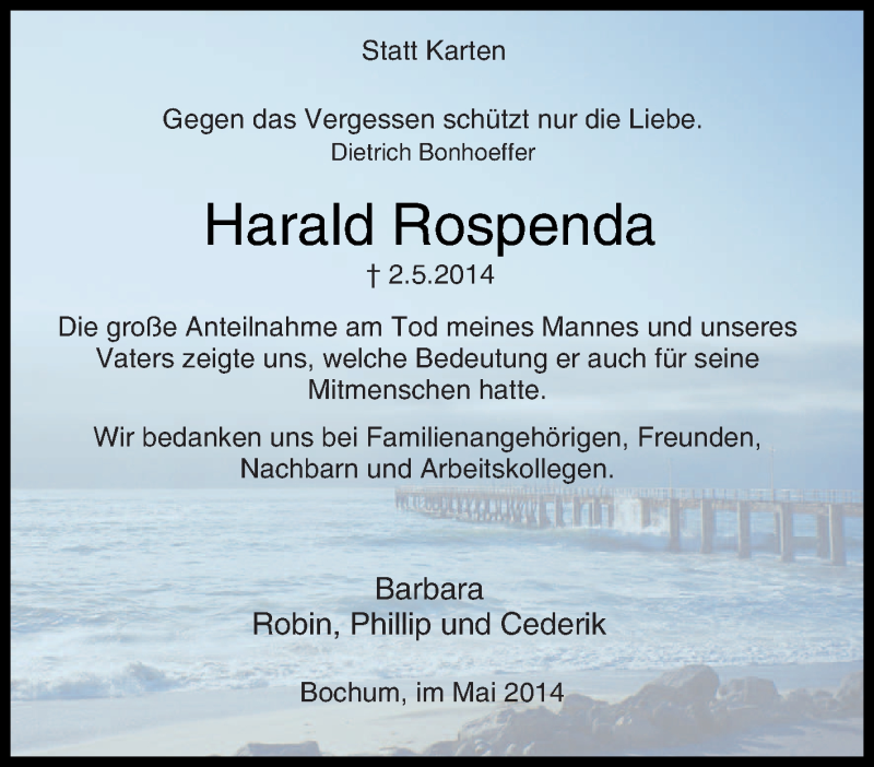  Traueranzeige für Harald Rospenda vom 28.05.2014 aus Tageszeitung