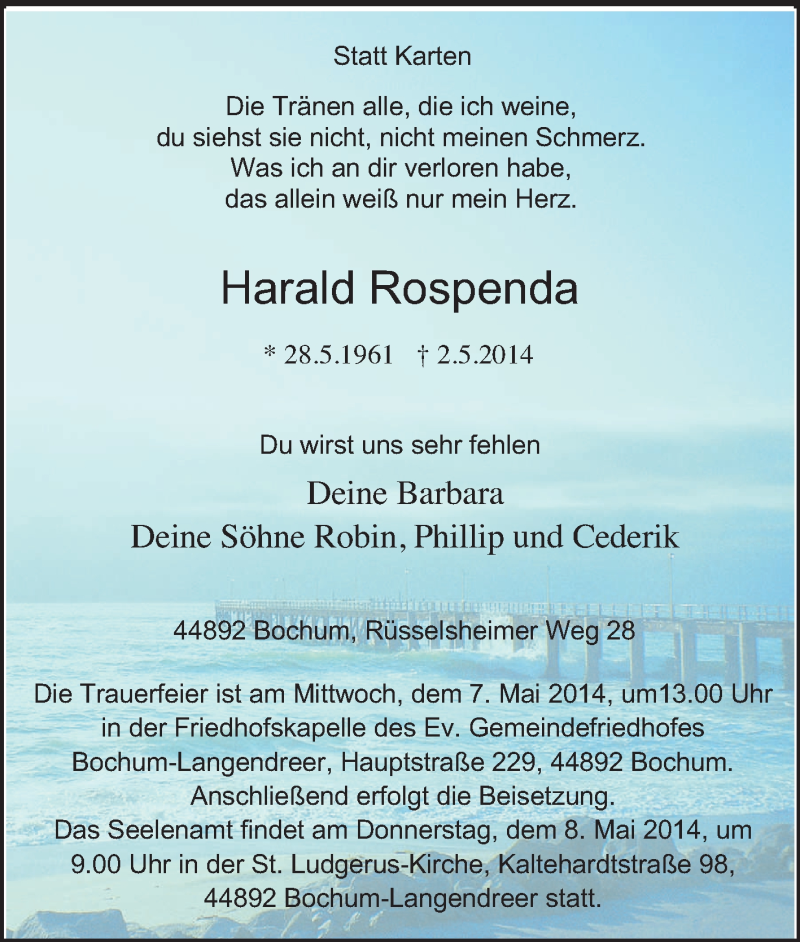  Traueranzeige für Harald Rospenda vom 05.05.2014 aus Tageszeitung