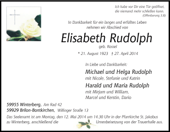 Traueranzeige von Elisabeth Rudolph von Tageszeitung