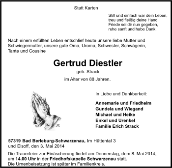 Traueranzeige von Gertrud Diestler von Tageszeitung