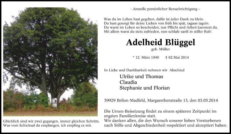  Traueranzeige für Adelheid Blüggel vom 06.05.2014 aus Tageszeitung