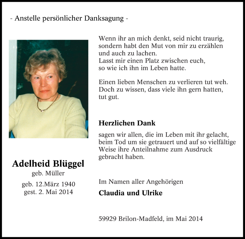  Traueranzeige für Adelheid Blüggel vom 29.05.2014 aus Tageszeitung