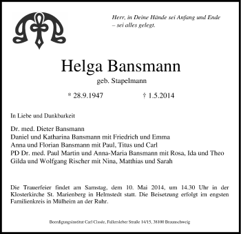 Traueranzeige von Helga Bansmann von Tageszeitung