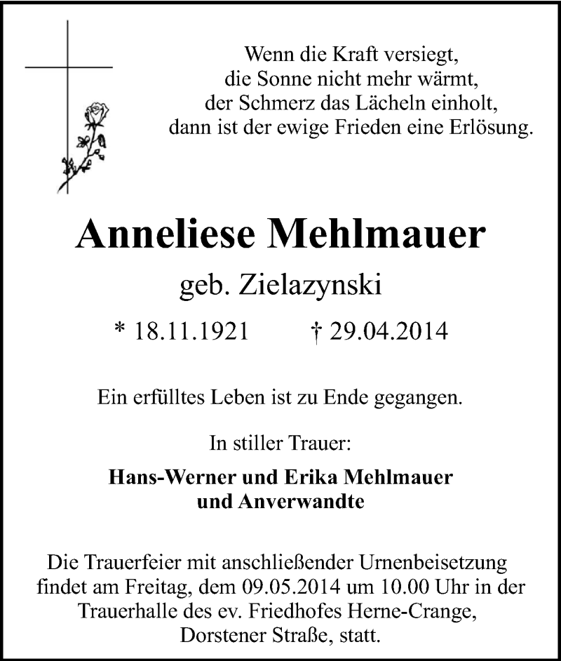  Traueranzeige für Anneliese Mehlmauer vom 06.05.2014 aus Tageszeitung