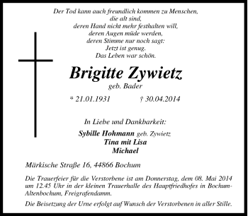 Traueranzeige von Brigitte Zywietz von Tageszeitung