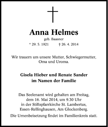 Traueranzeige von Anna Helmes von Tageszeitung