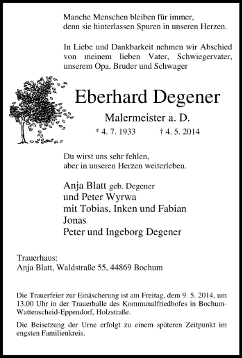 Traueranzeige von Eberhard Degener von Tageszeitung