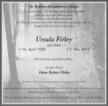 Traueranzeige von Ursula Firley von Tageszeitung