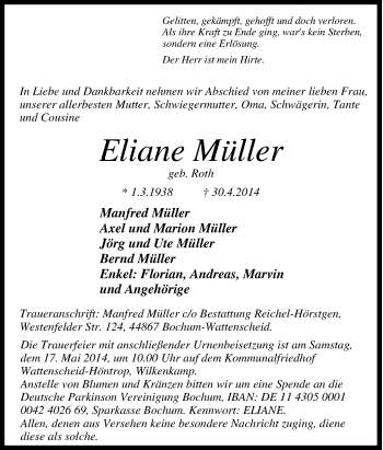 Traueranzeige von Eliane Müller von Tageszeitung