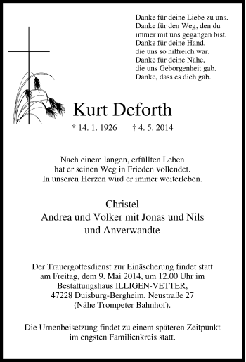 Traueranzeige von Kurt Deforth von Tageszeitung