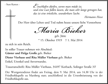 Traueranzeige von Maria Bieker von Tageszeitung
