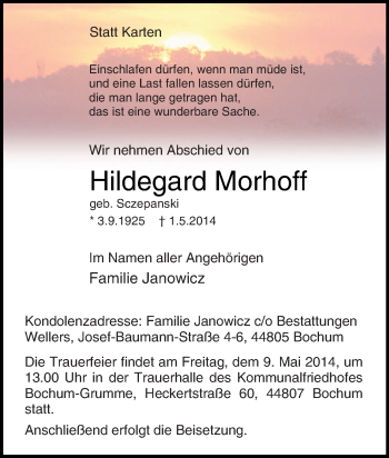 Traueranzeige von Hildegard Morhoff von Tageszeitung